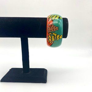 Vintage Hand Painted Wooden Cat Bangle - Vintage 1980s Bracelet